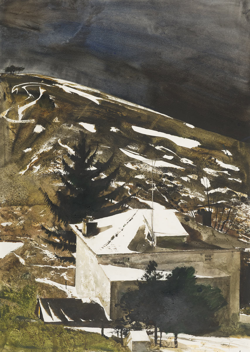 Andrew Wyeth, Wolf Moon, 1975. Watercolor on paper, 40 1/8 x 29 in. Collection of the Wyeth Foundation for American Art. © 2024 Wyeth Foundation for American Art/ Artists Rights Society (ARS), New York