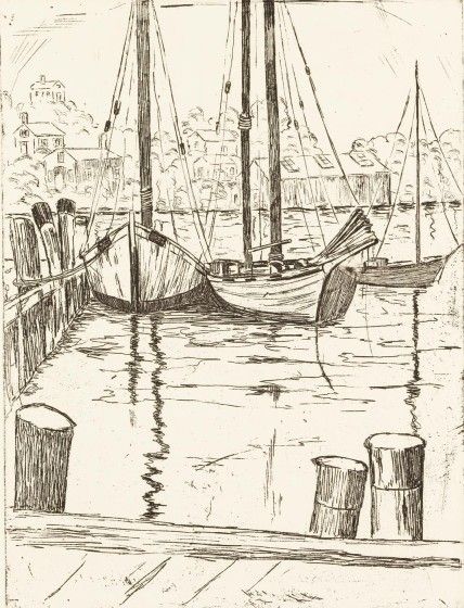 Allan Freelon, Gloucester Harbor - Three Boats, ca. 1935, etching in black on ivory wove paper, 10 x 7 1/2 in. Gift of Joel S. Dryer, 2021