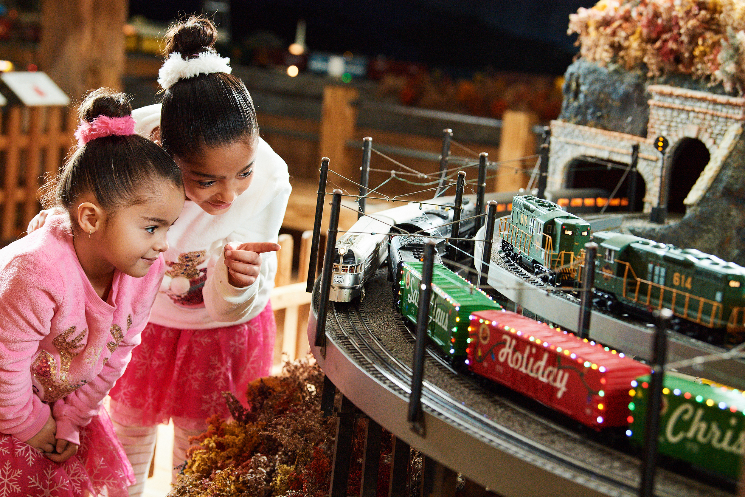 Two young girls pointing at the Brandywine Railroad model train display.