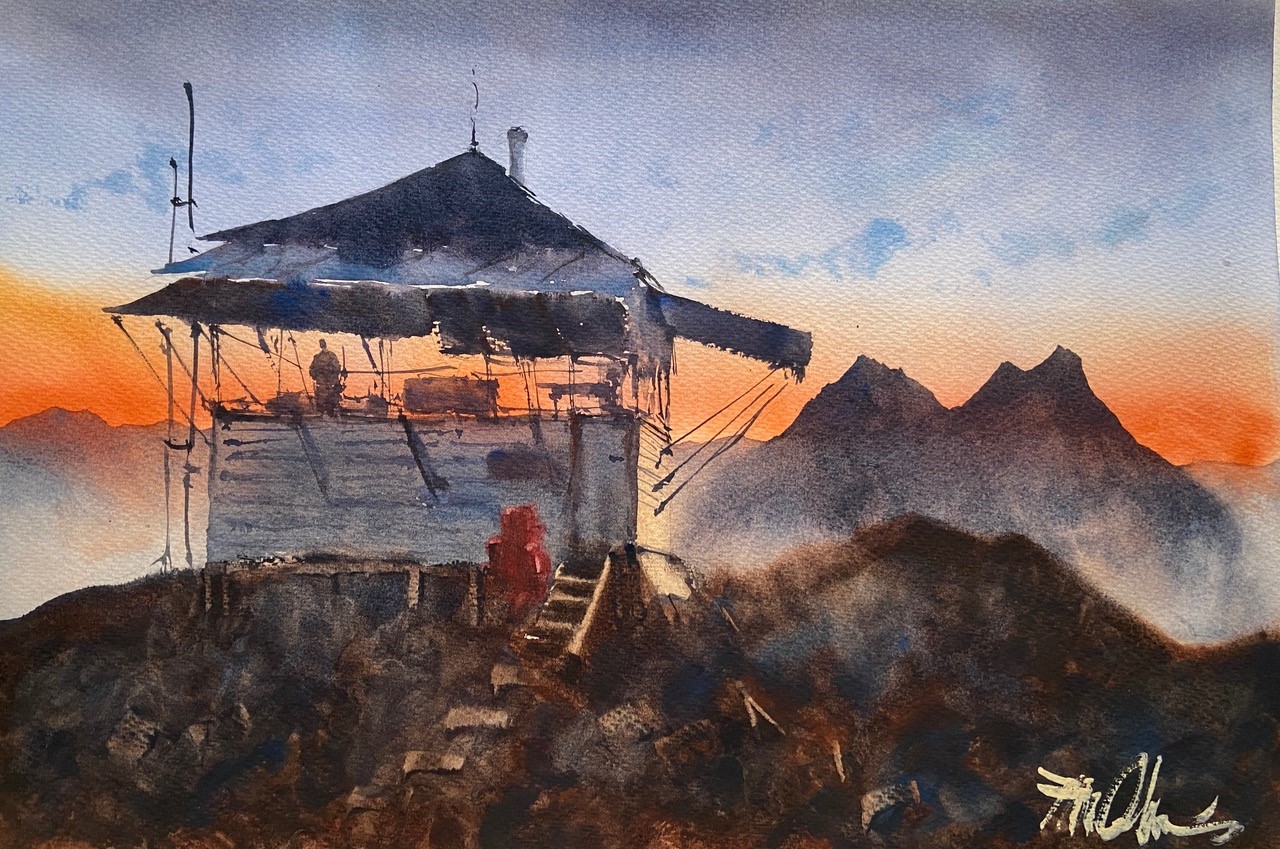 Watercolor landscape painting at sunset overlooking a mountain top.