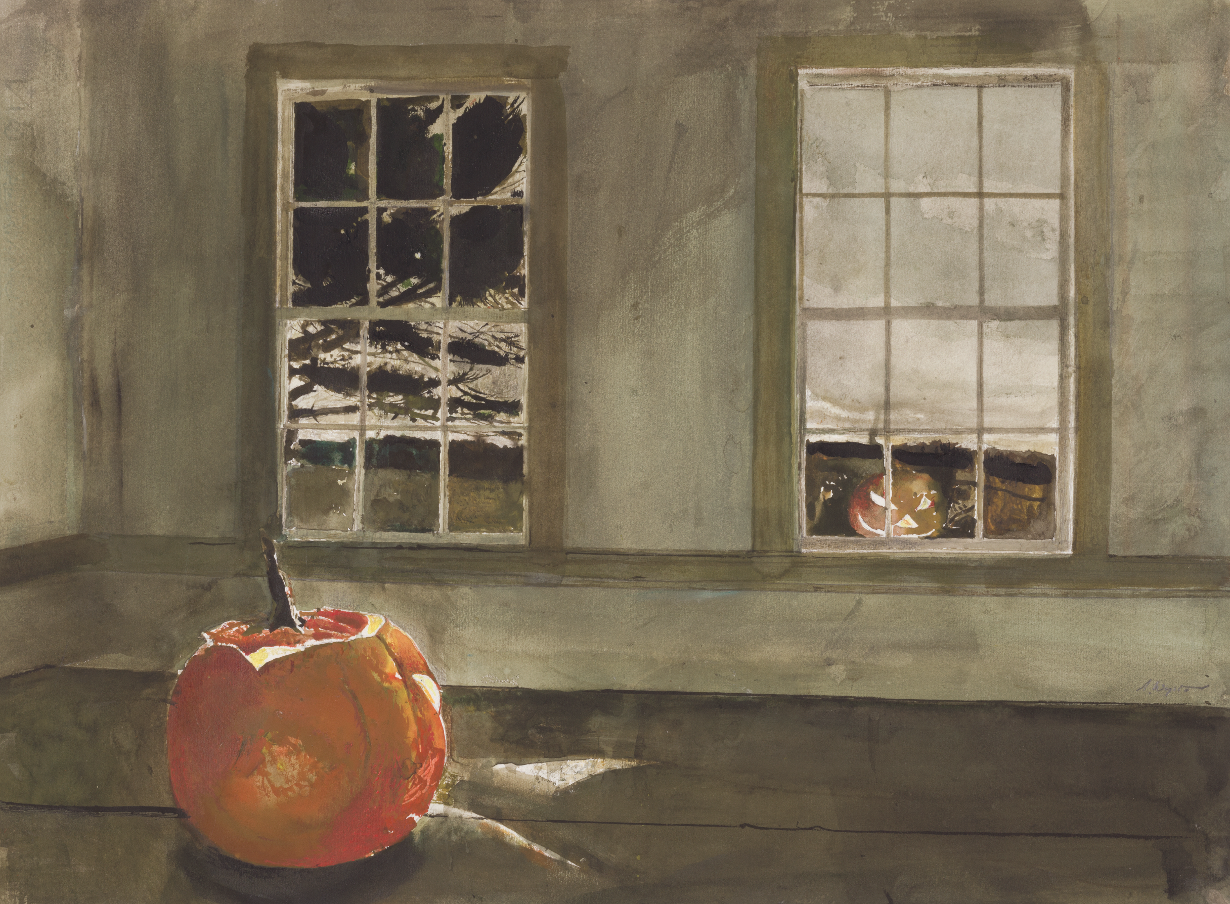 A painting of a white room at night with a jack-o-lantern looking at its reflection in a lit window.