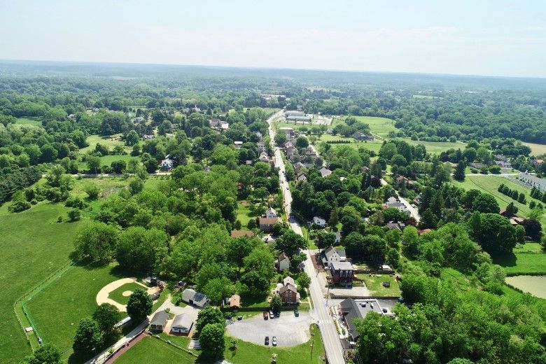 Aerial view of Pennsylvania town in the summer time.
