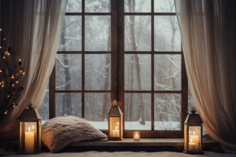 horizontal photo of candles in front of a window depicting a snowy scene