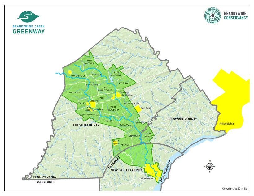 A map showing the Brandywine Creek Greenway.