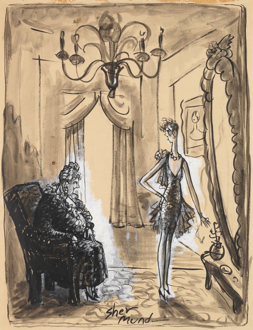 “‘How do I look, Grandma?’ ‘Very nice, Dear.’ ‘NICE!’“ c. 1928, ink and gouache on board, 22 3/8 x 17 3/8 in. Brandywine Museum of Art, Purchased with Museum funds, 1993. Illustration for The New Yorker, February 18, 1928 (Vol. III, No. 53), 18.