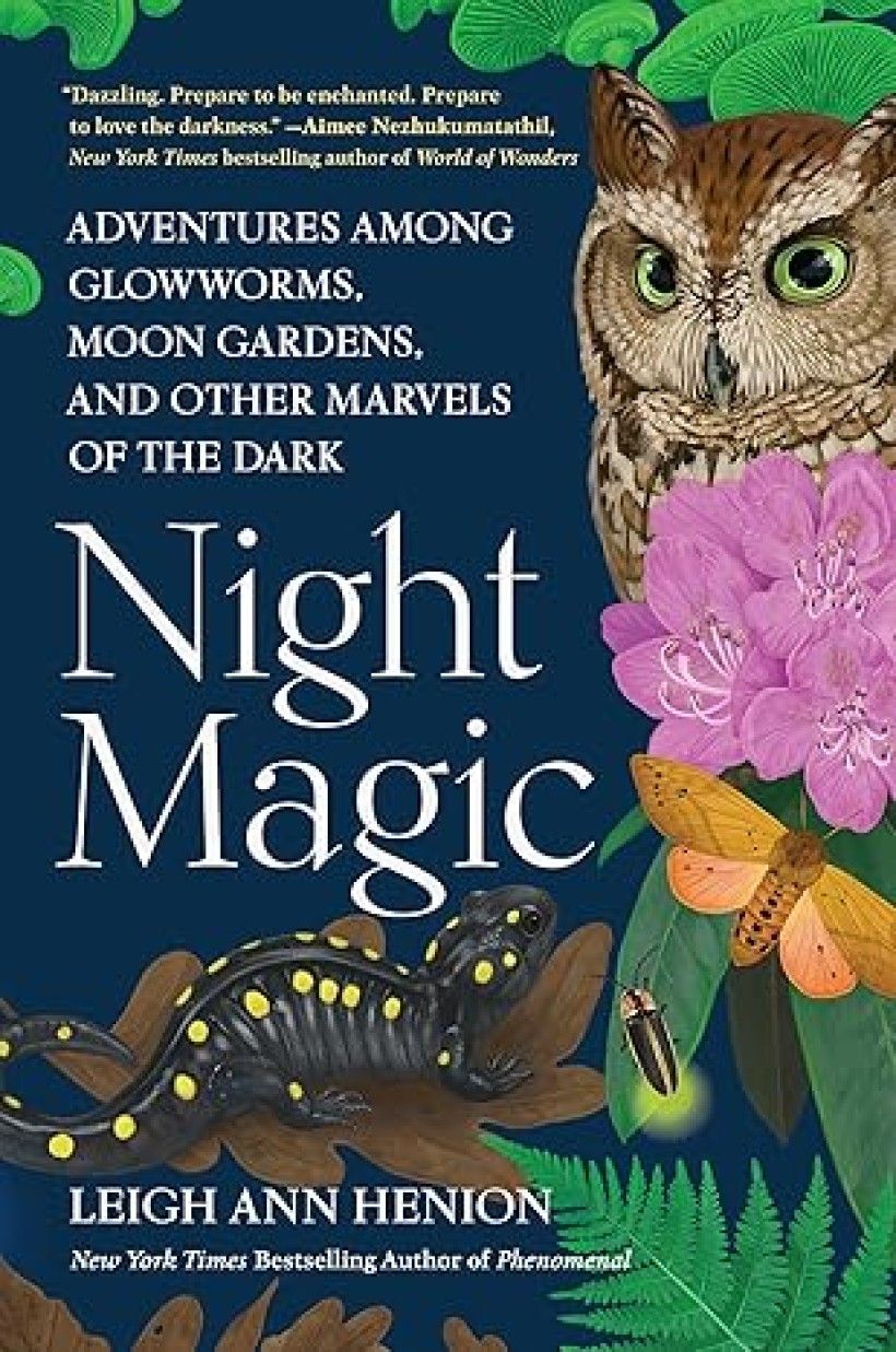 A blue book cover with a colorful owl peaking out of the top right corner surrounded by other flora and fauna.