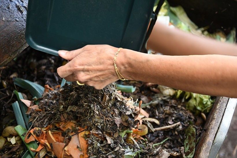 close-up image of hands dumping compost from a composting bin into a larger container