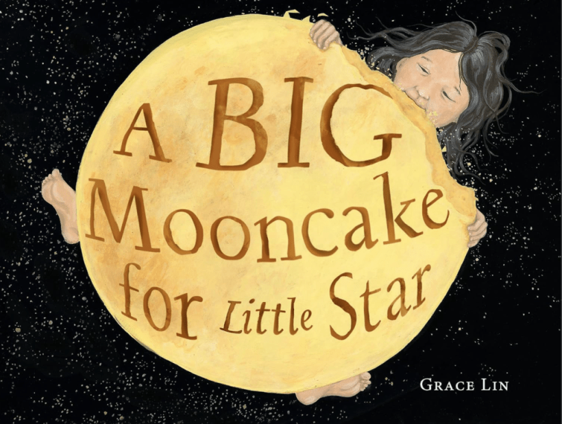 illustration of a young girl eating a moon as big as she is