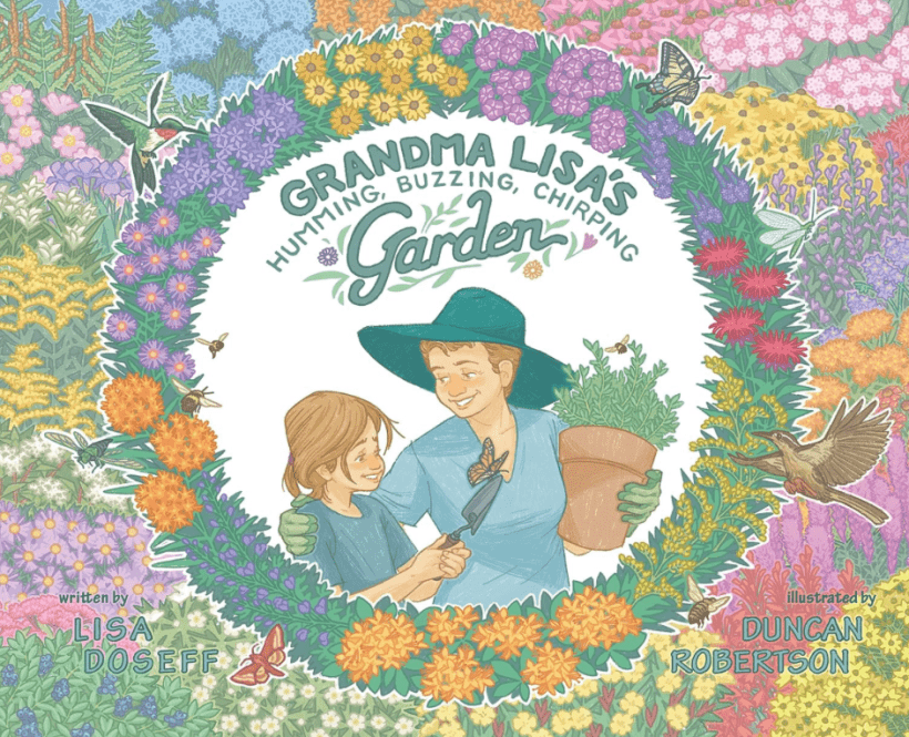 illustrated book cover featuring a center circle showing a young person and their grandmother surrounded by many flowers