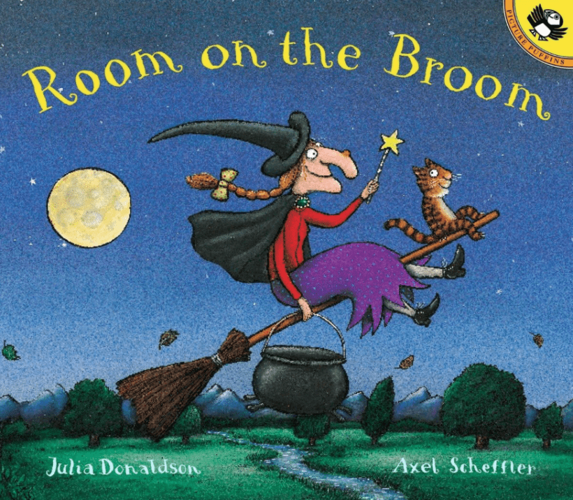 illustration showing a friendly witch riding a broomstick with a cat during a full moon