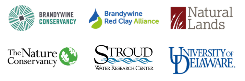 Logos for the Brandywine Conservancy, Brandywine Red Clay Alliance, Natural Lands, The Nature Conservancy, Stroud Water Resources Center, and the University of Delaware