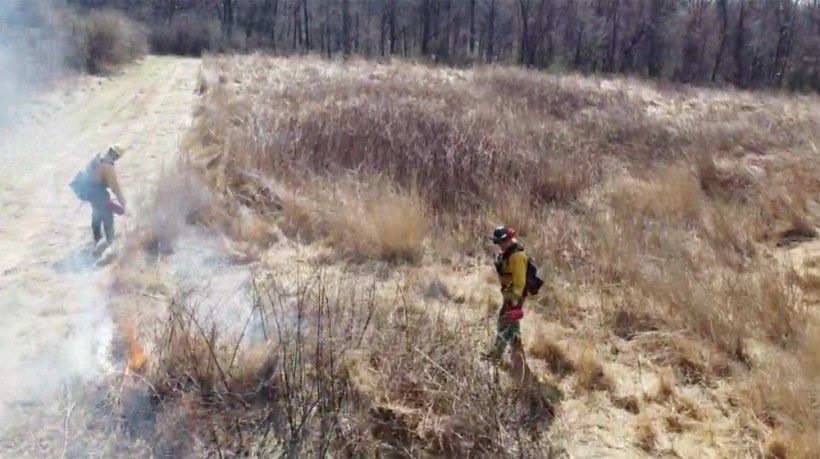 Two crew members are carefully setting small fires. Photo by Tom Morelli.