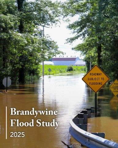 Cover image of the Brandywine Flood Study Report featuring a flooded roadway with the words "Brandywine Flood Study 2025"