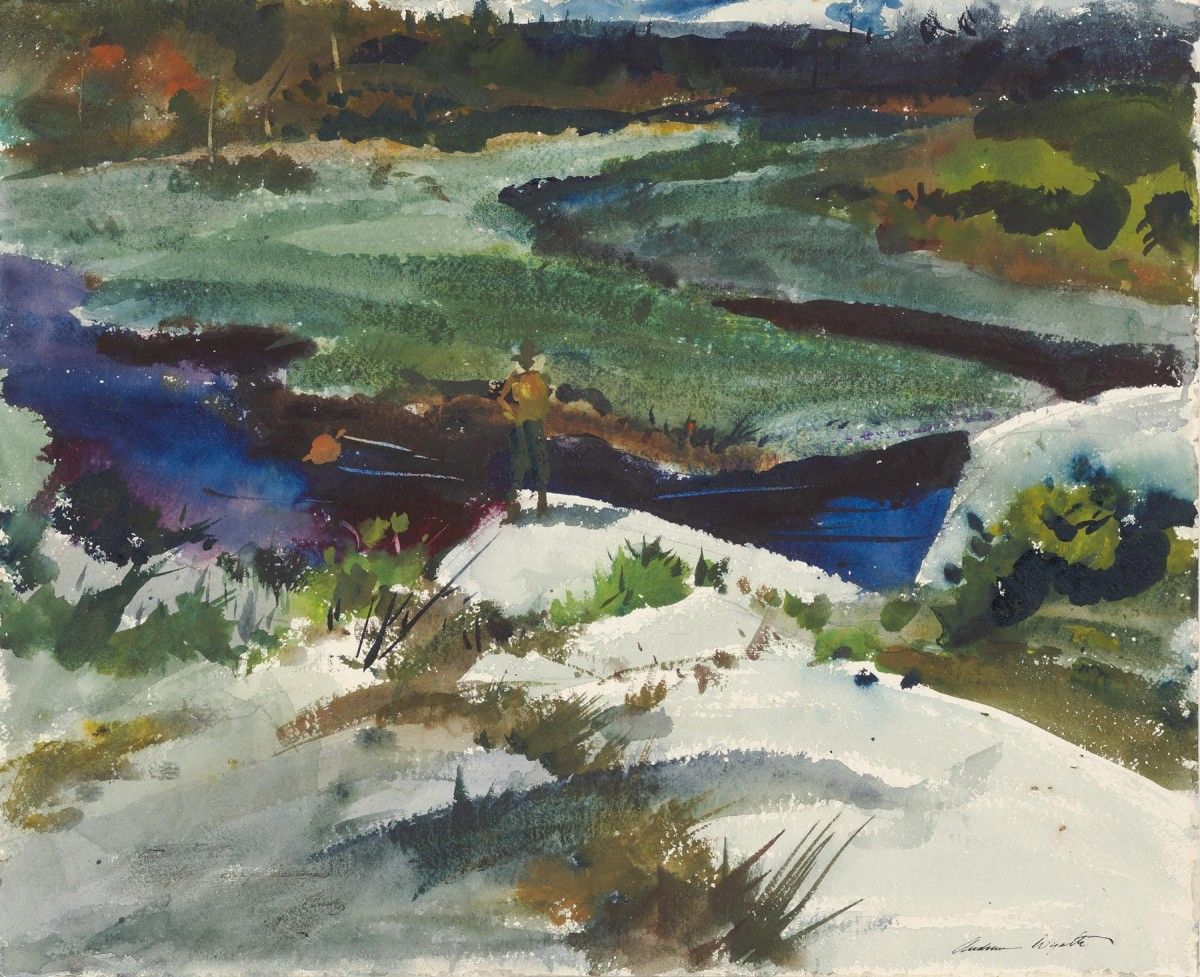 Painting with greens, blues, and browns, of a stream in a landscape. A figure stands in the middle, looking outward toward the stream.