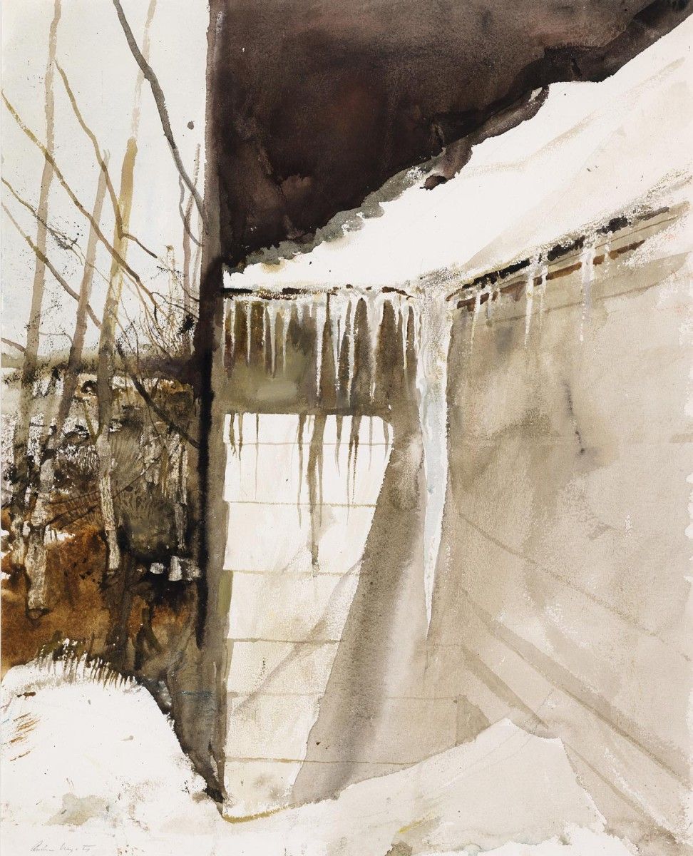 Andrew Wyeth, Icicles, 1982   Watercolor, 23 ⅝ x 18 ⅝ in. Collection of the Wyeth Foundation for American Art, B2623. © 2025 Wyeth Foundation for American Art/Artists Rights Society (ARS), New York